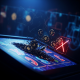 Visually striking digital art showing virtual casino chips dissolving into a dark void on a deceptive online slot machine interface, symbolizing stolen winnings from a fraudulent casino. A red warning symbol is subtly integrated.