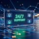 Sleek digital interface of an online casino customer support dashboard with glowing '24/7 SUPPORT' text and icons for live chat, phone, email, WhatsApp, and Telegram, set against a secure network background, symbolizing immediate and reliable assistance for Malaysian players.